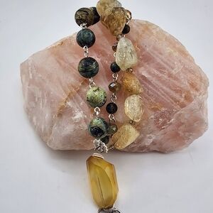 RAW CITRINE, AFRICAN TURQUOISE & CRYSTAL DANGLING HANDMADE BRACELET STERLING 6.5